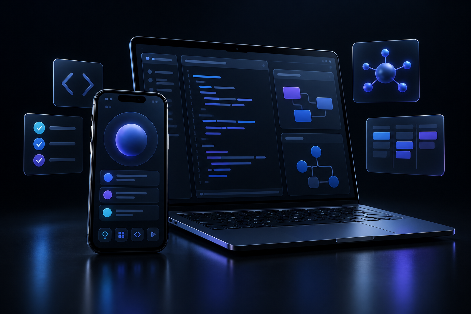 Estação criativa digital com notebook, smartphone e painéis abstratos de código, planejamento e testes, iluminados em azul e violeta.