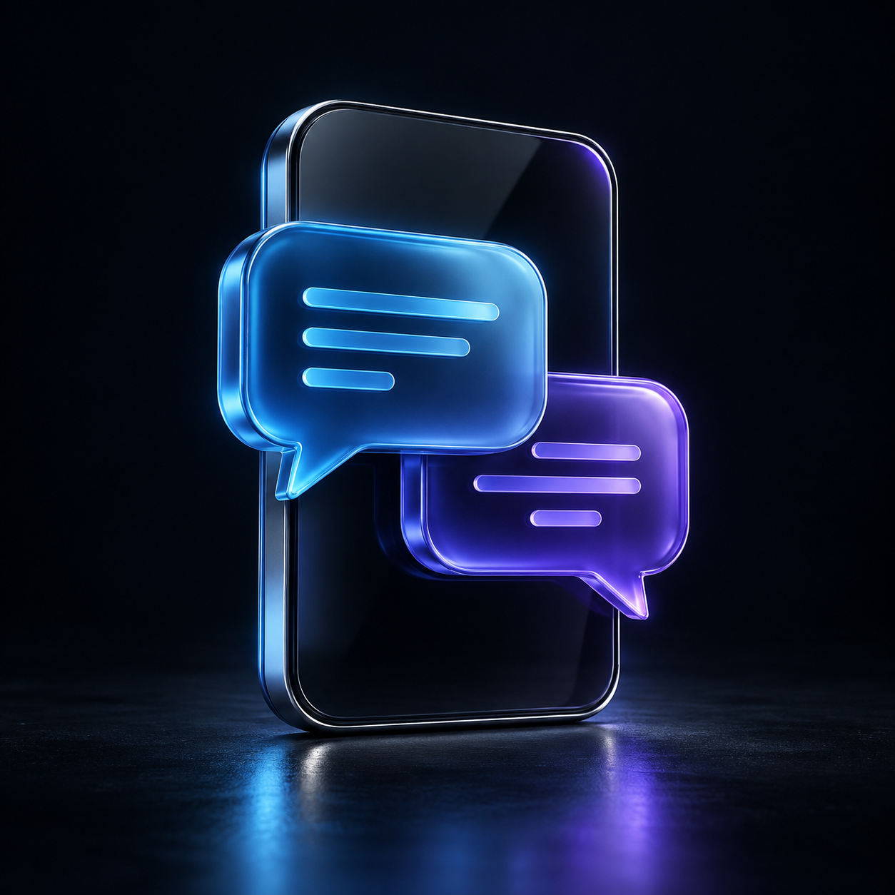 Composição 3D de balões de conversa digitais em azul e violeta.