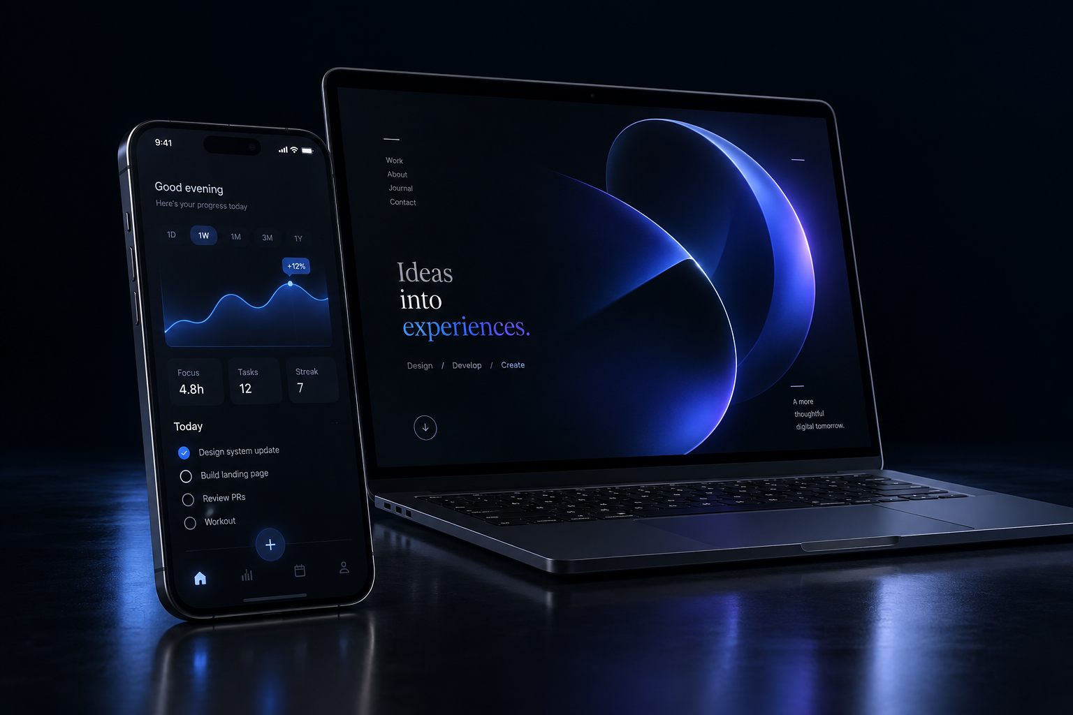 Celular e notebook em perspectiva, com interfaces escuras e iluminação azul e violeta.