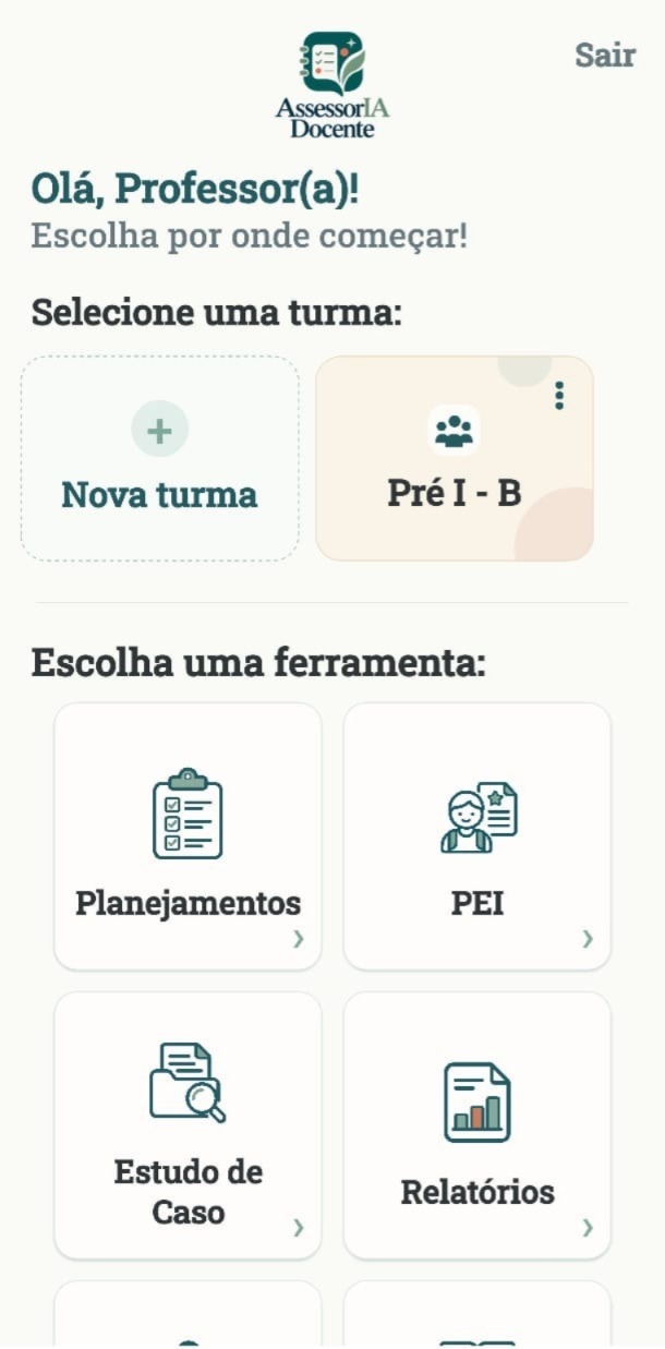 Tela real do AssessorIA Docente com seleção de turma e ferramentas para professores.