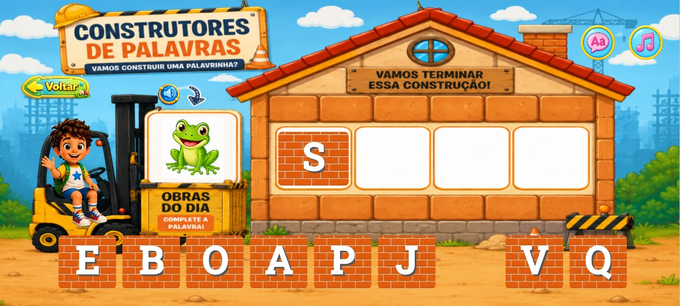 Desafio de formação da palavra sapo com blocos de letras.