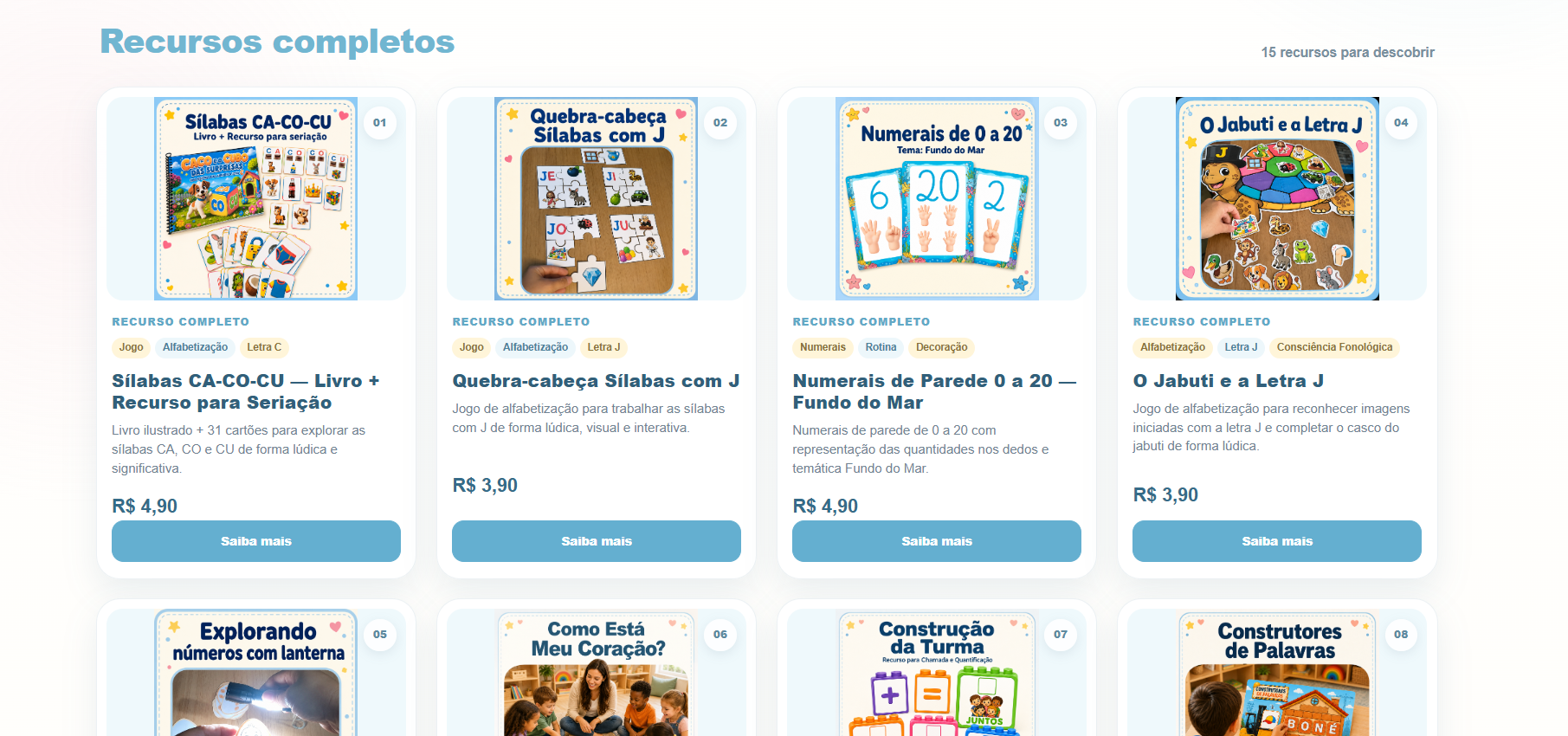 Catálogo real de recursos pedagógicos do LudiKin.