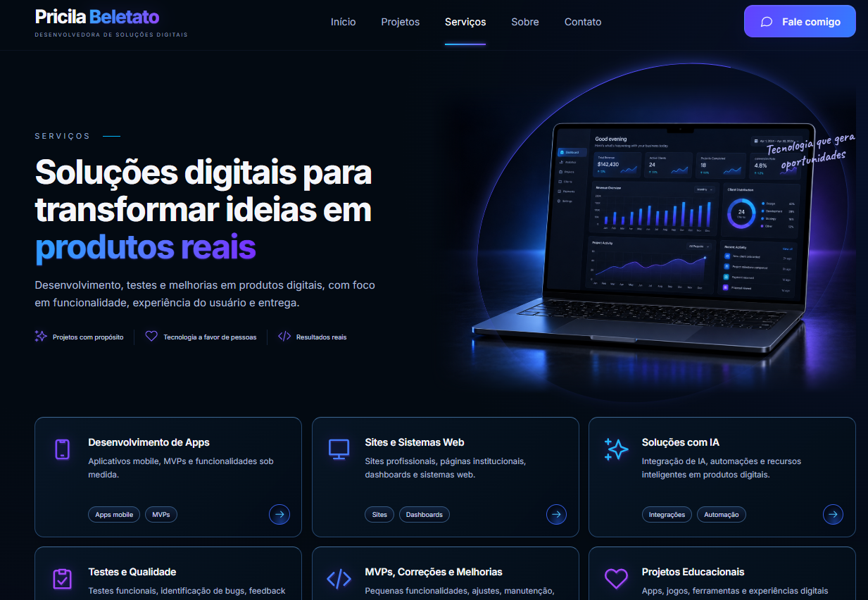 Página real de Serviços do portfólio, com soluções digitais e cards de atuação.